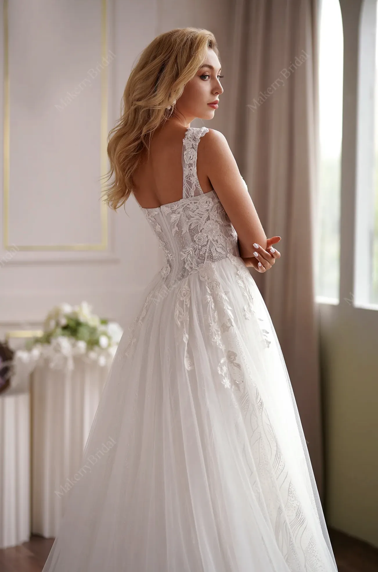 Romantic A-Line Lace Champagne Off-Shoulder Bridal Dress