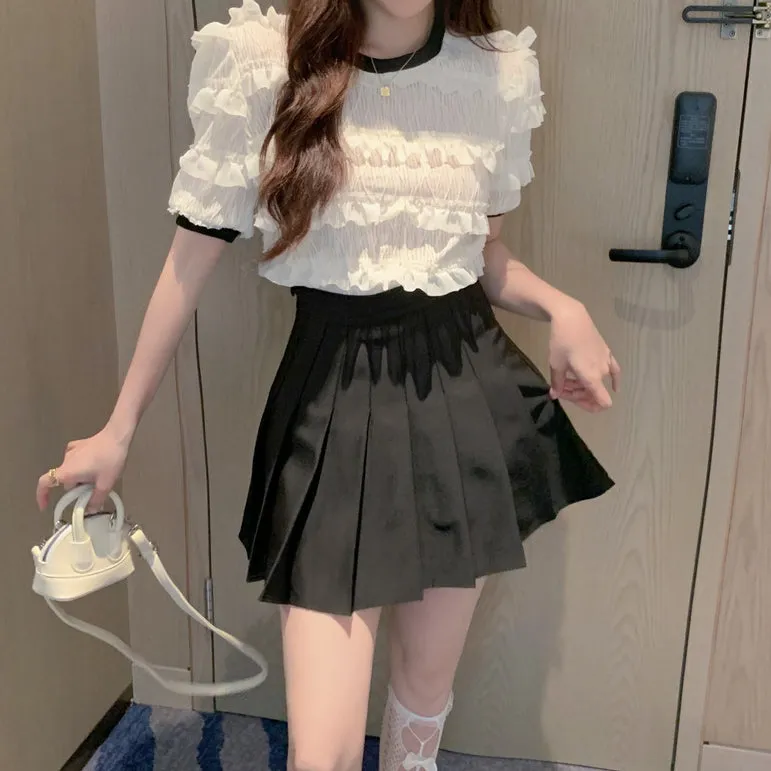 Round Neck Short Sleeve Shirt Top Pleated Skirt Set