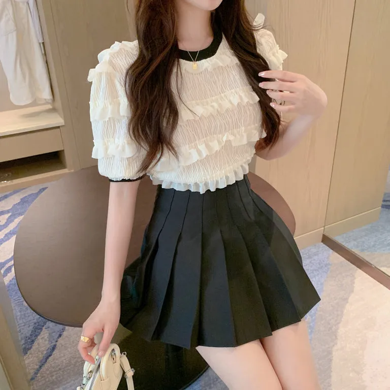 Round Neck Short Sleeve Shirt Top Pleated Skirt Set