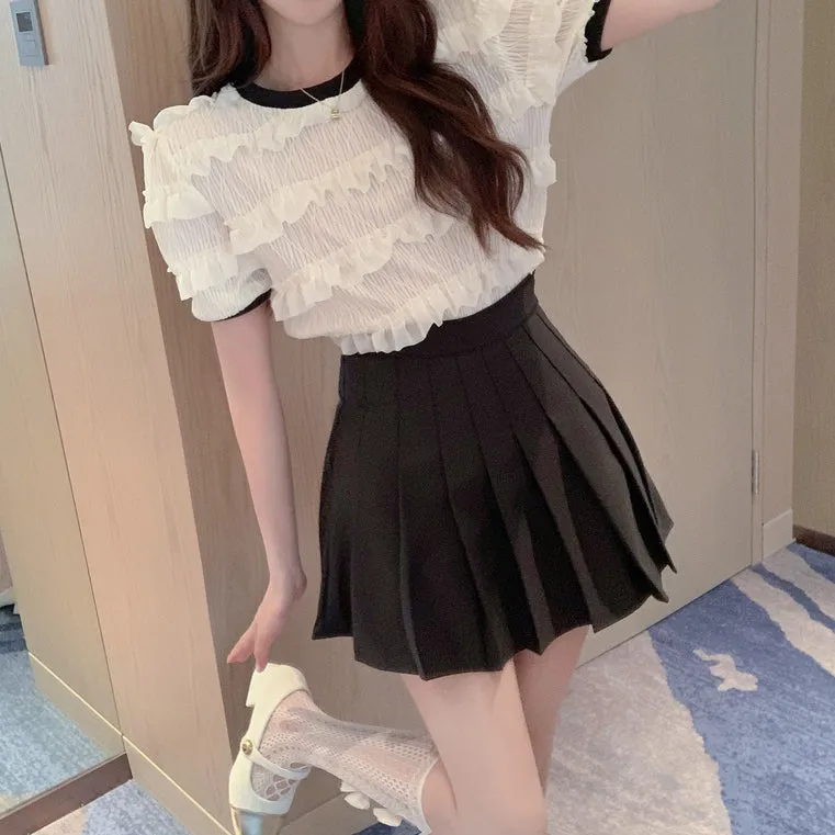 Round Neck Short Sleeve Shirt Top Pleated Skirt Set