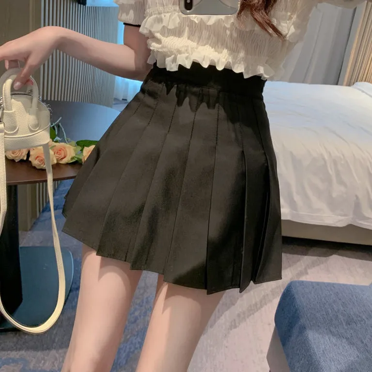 Round Neck Short Sleeve Shirt Top Pleated Skirt Set