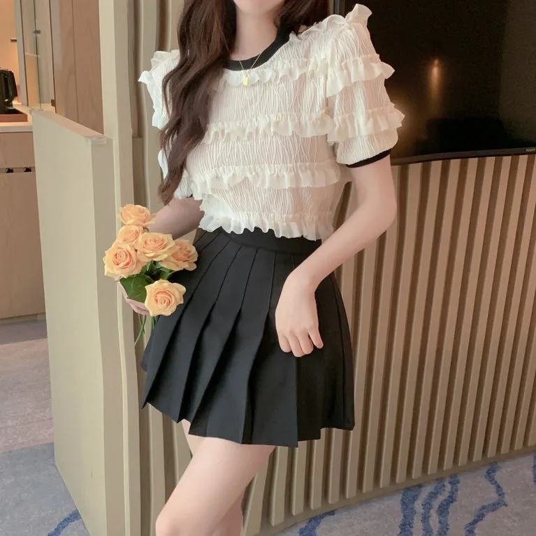 Round Neck Short Sleeve Shirt Top Pleated Skirt Set