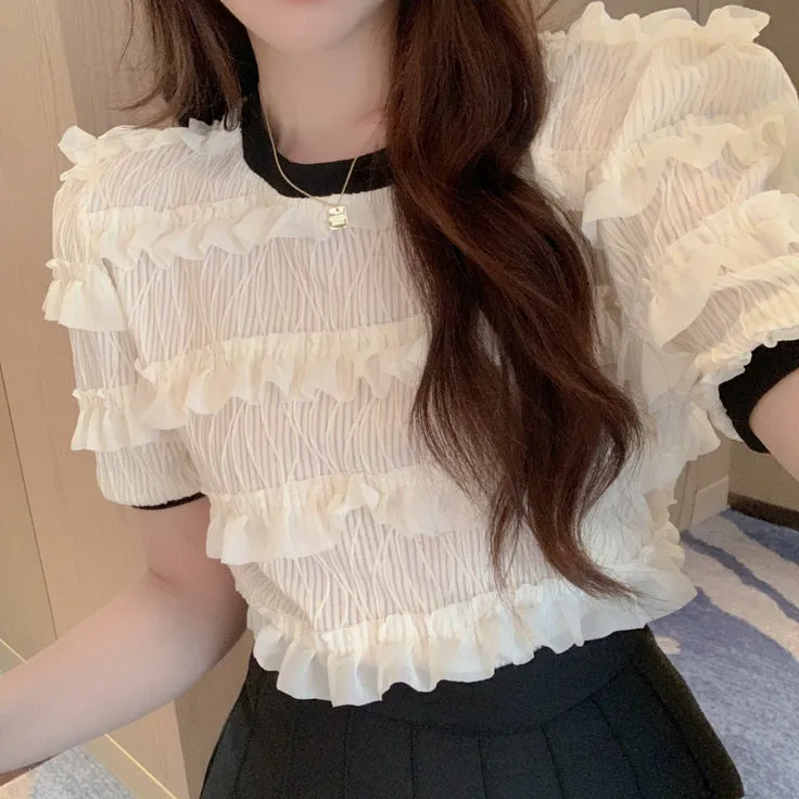 Round Neck Short Sleeve Shirt Top Pleated Skirt Set