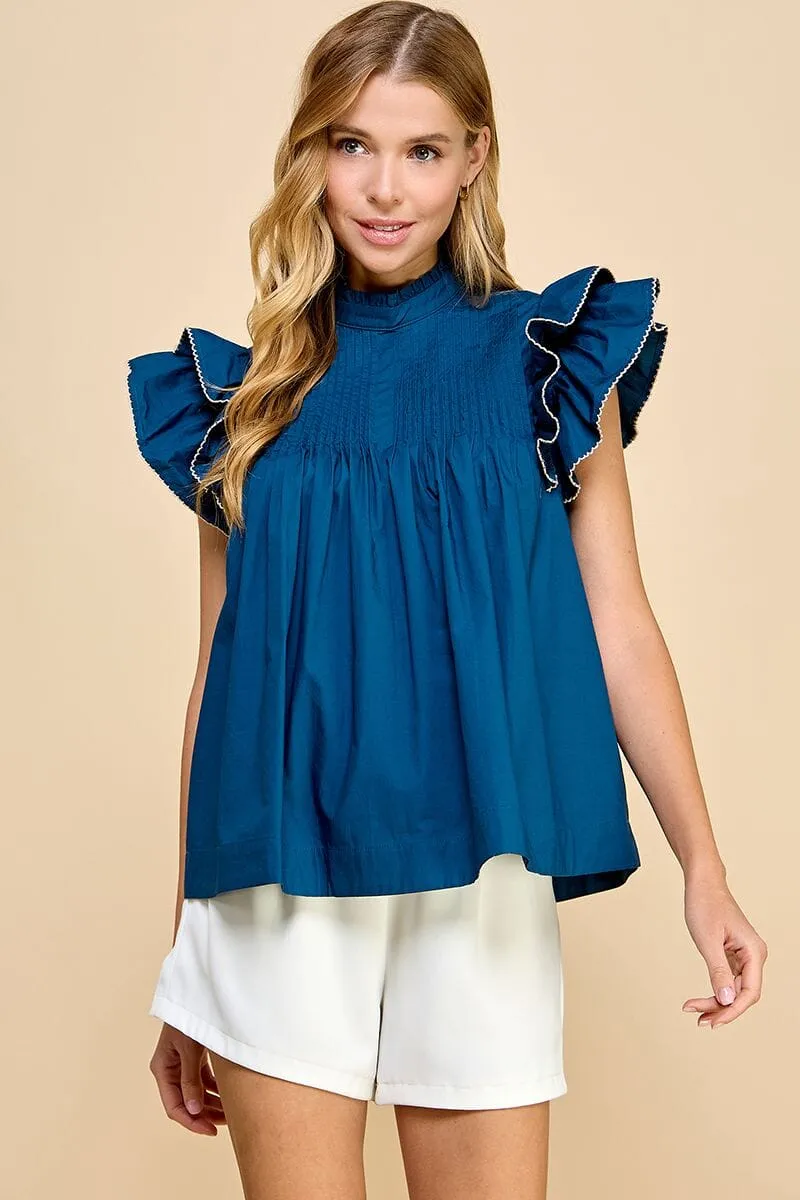 Ruffle Sleeve Blouse with Trim - Navy/Cream