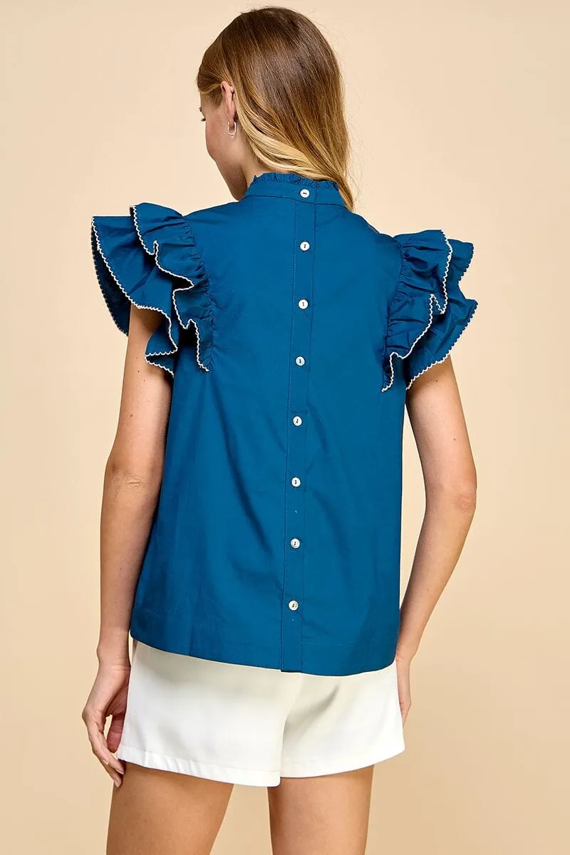 Ruffle Sleeve Blouse with Trim - Navy/Cream