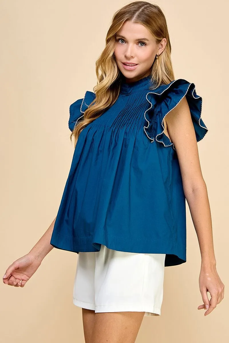 Ruffle Sleeve Blouse with Trim - Navy/Cream