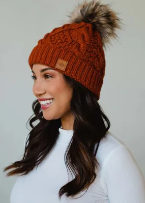 Rust Cable Knit POM Beanie Hat