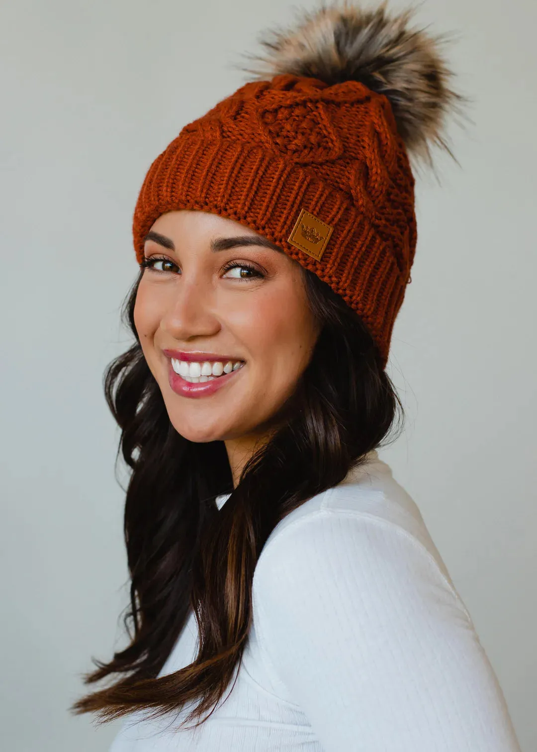 Rust Cable Knit POM Beanie Hat