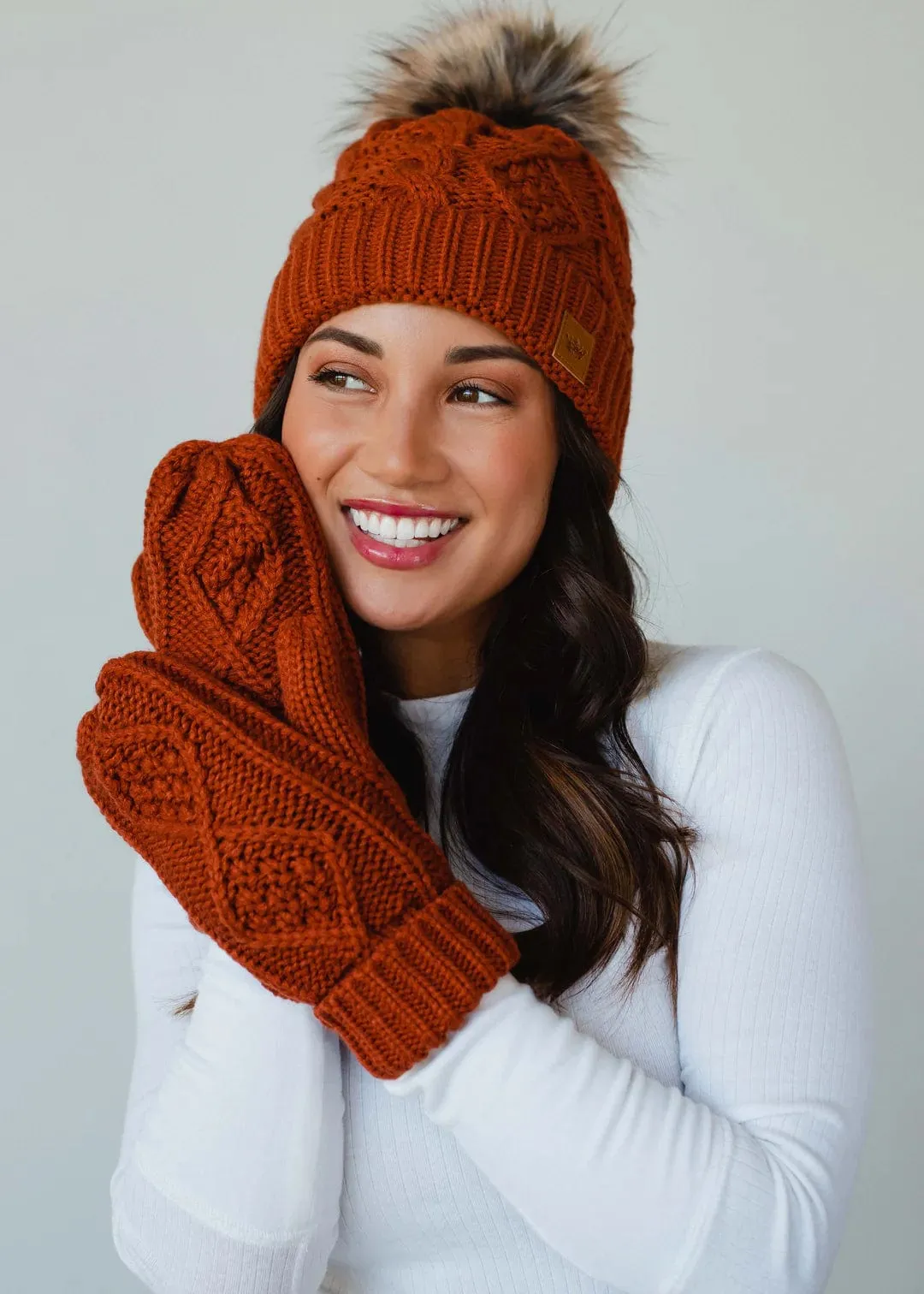 Rust Cable Knit POM Beanie Hat