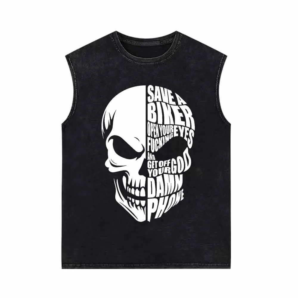 Save A Biker Letters Design Skull Head Print Vest Top