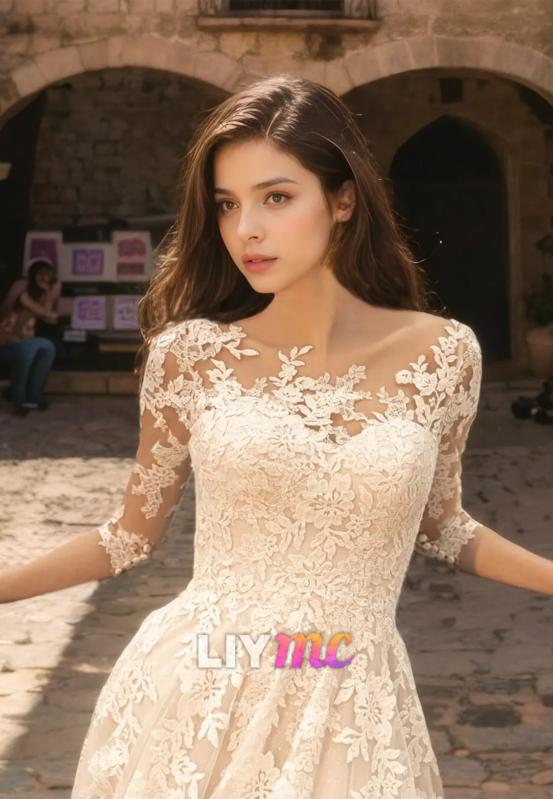 Scoop Long Sleeves Appliques Pleated A-Line Wedding Dress