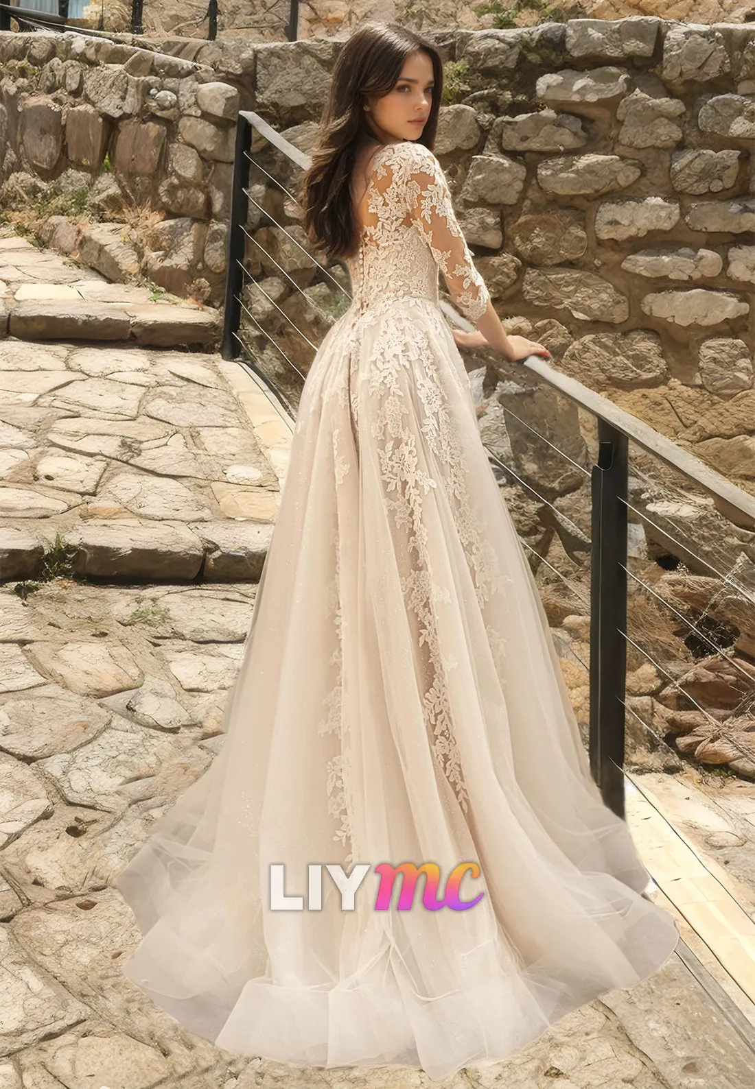 Scoop Long Sleeves Appliques Pleated A-Line Wedding Dress