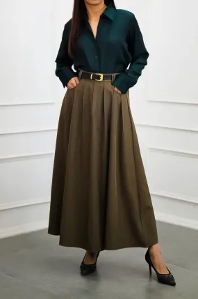 Sepia Long Pleated Skirt with Belt