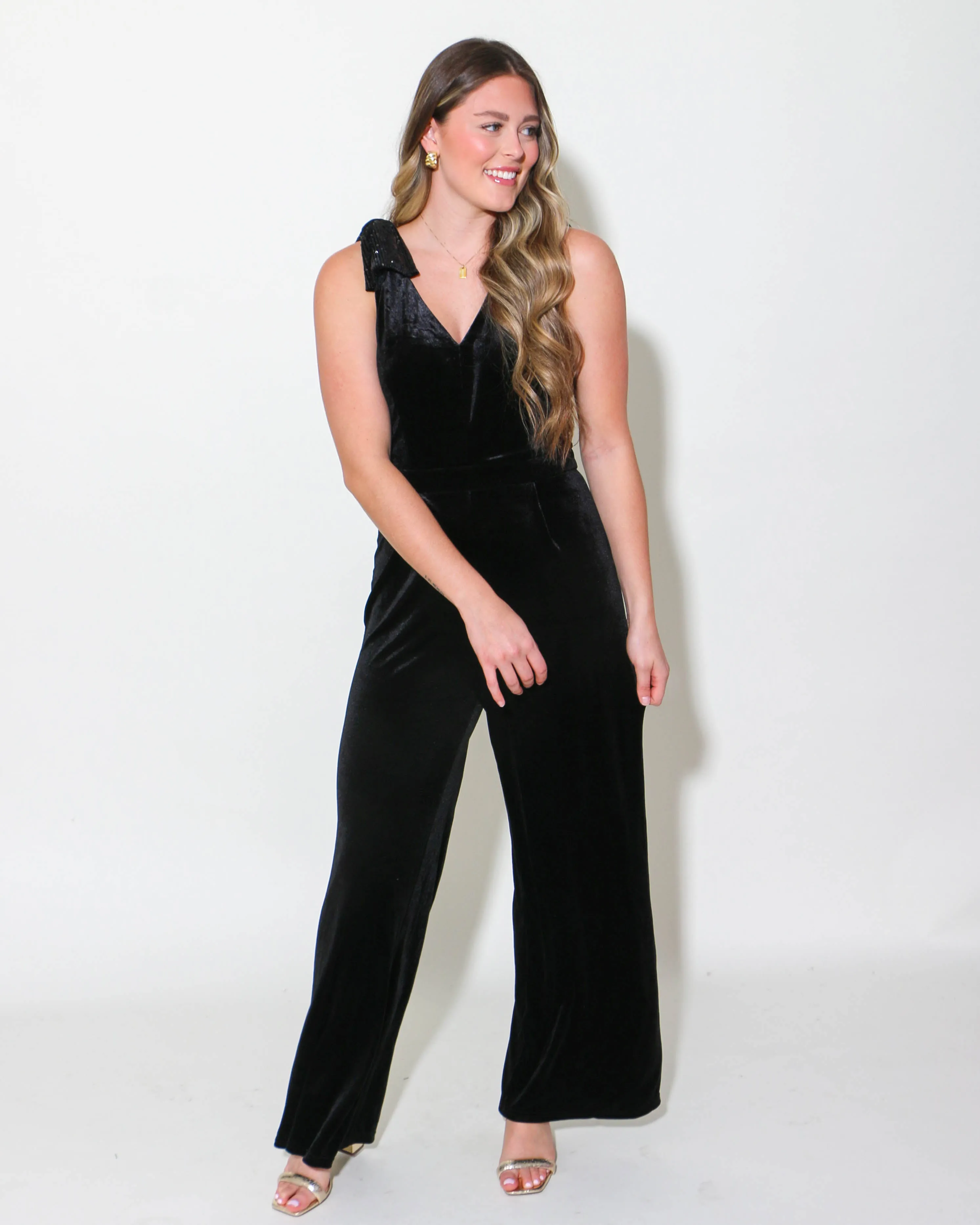 Sequined Bow Shoulder Velvet Jumpsuit