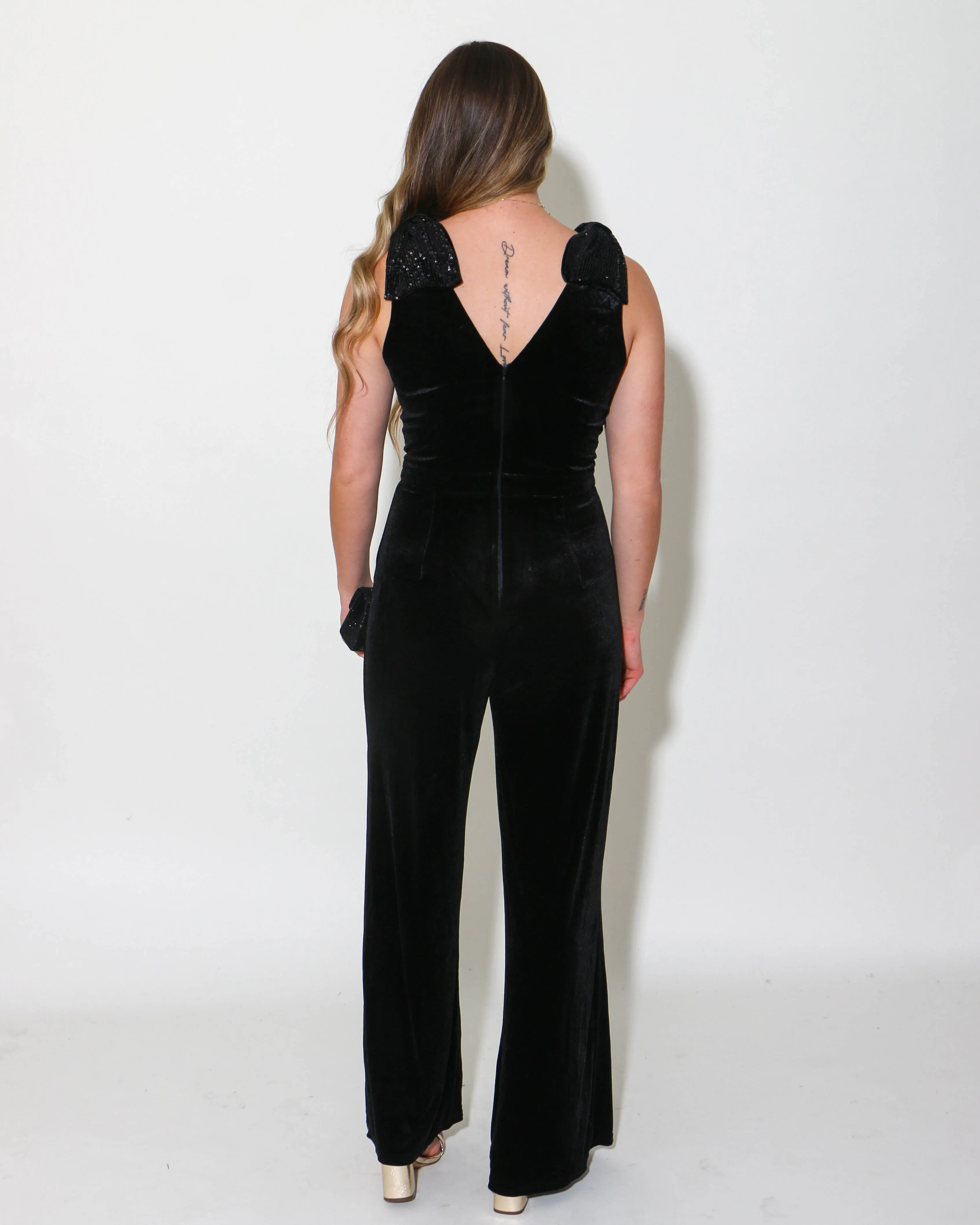 Sequined Bow Shoulder Velvet Jumpsuit