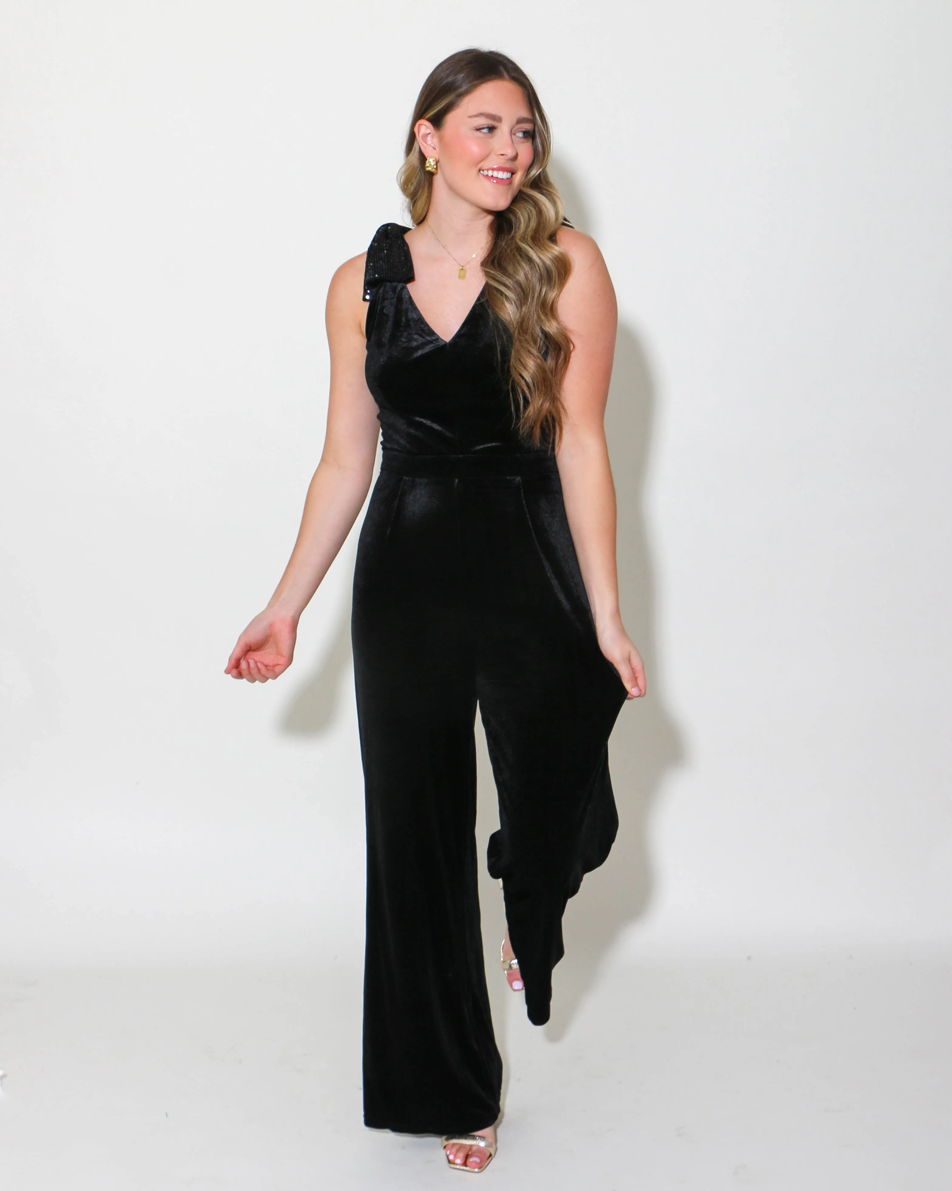 Sequined Bow Shoulder Velvet Jumpsuit