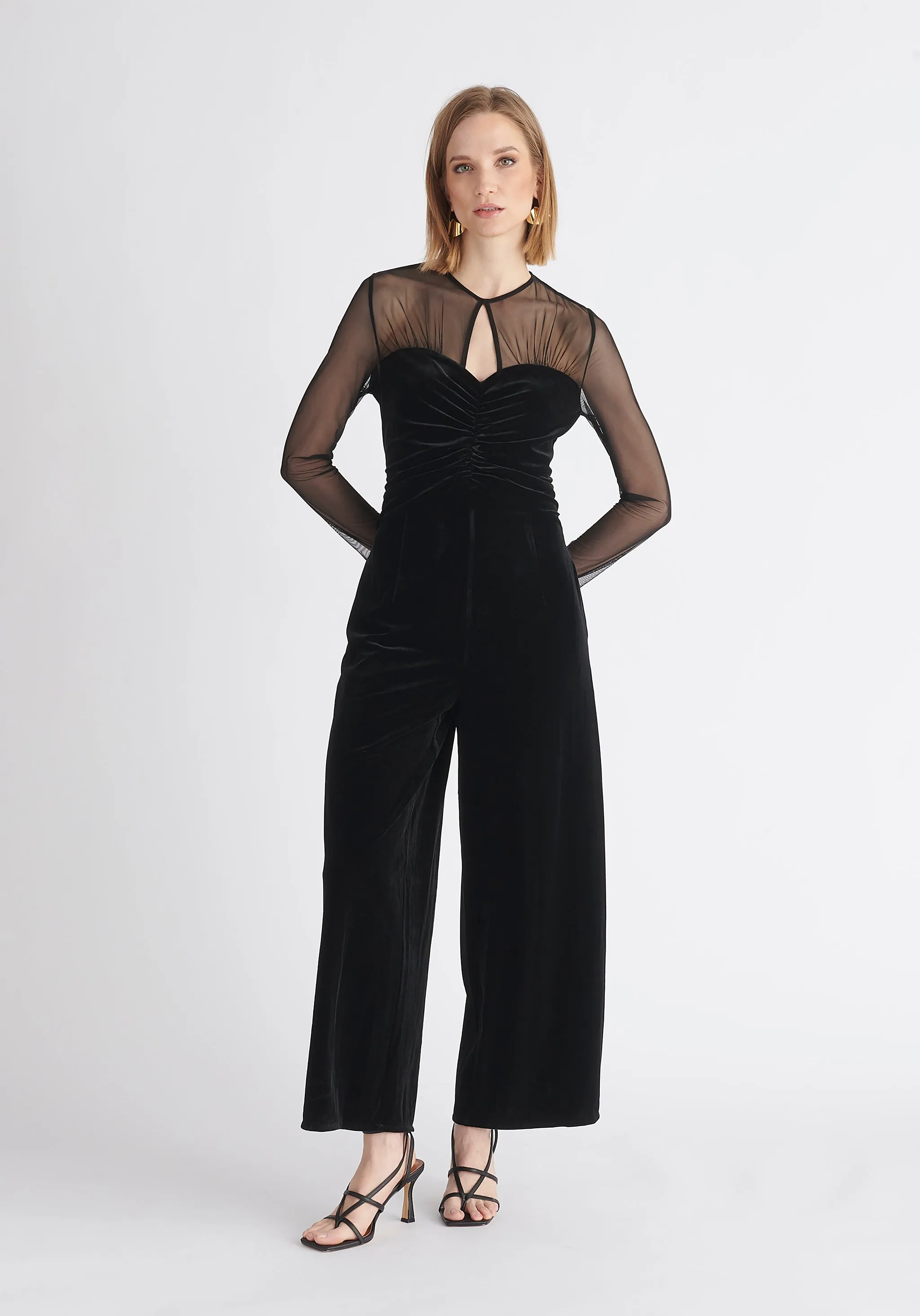 Sheer Sleeve Velvet Jumpsuit