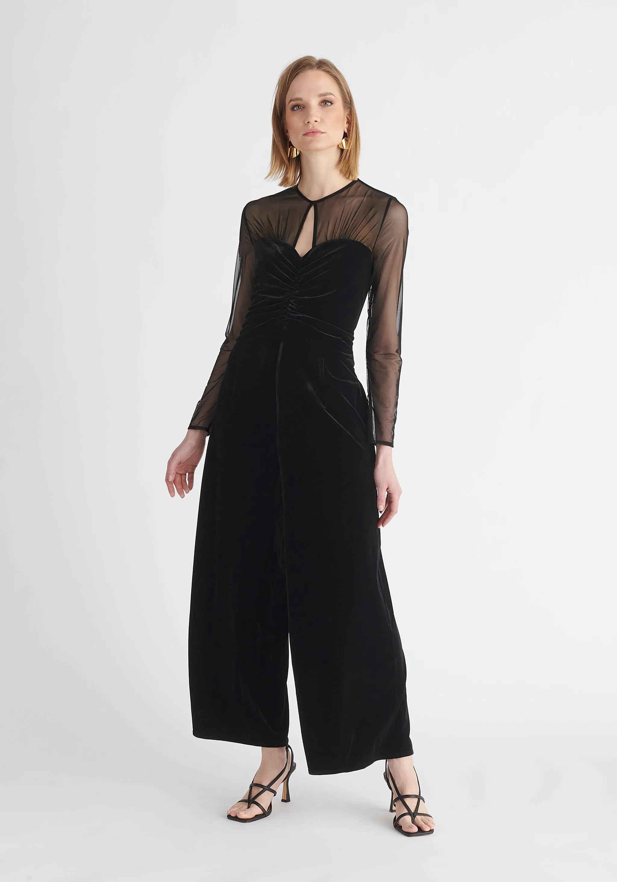 Sheer Sleeve Velvet Jumpsuit