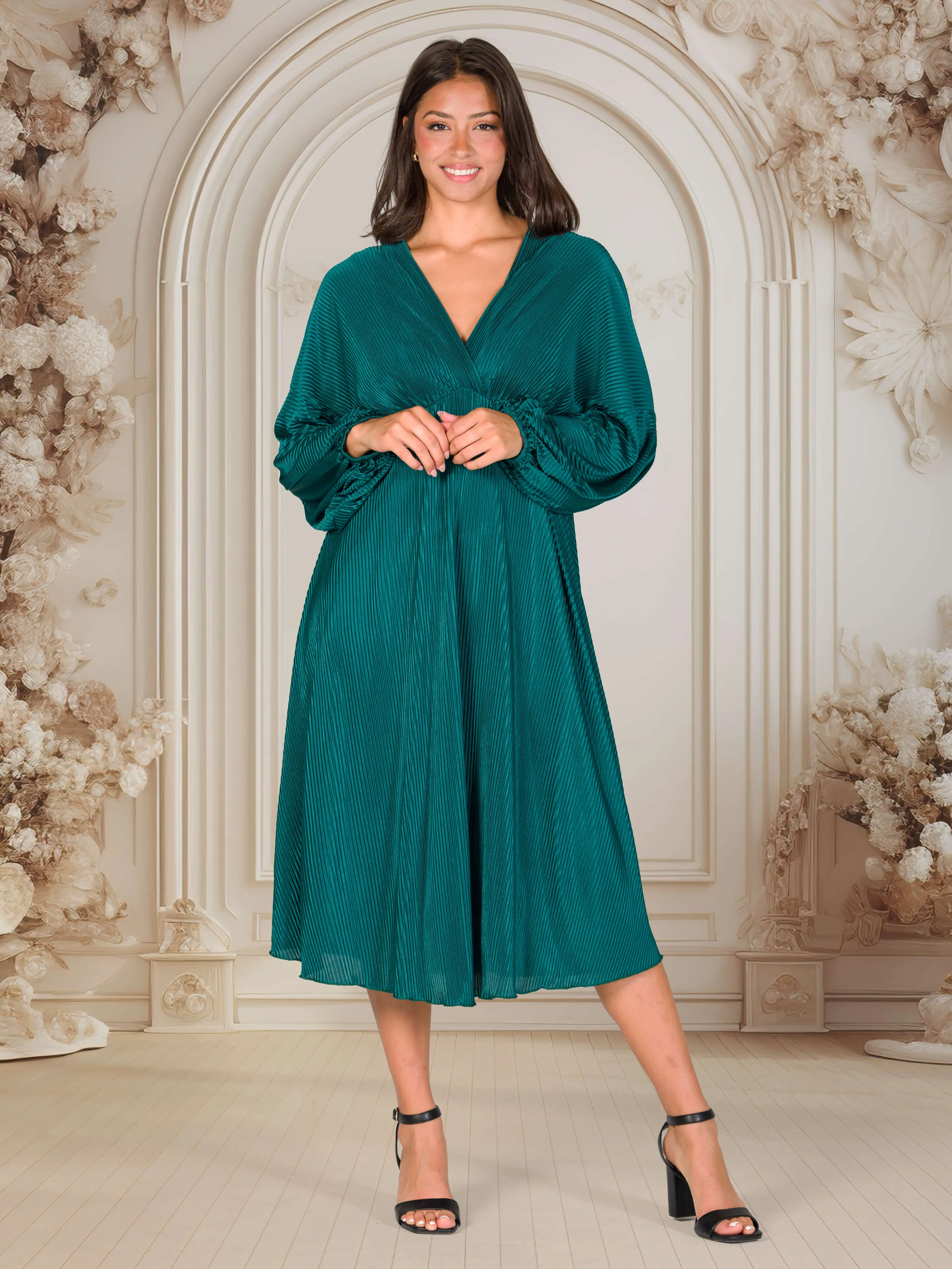 Shimmer Pleated V Neck Empire Waist Bishop Sleeve Midi Dress