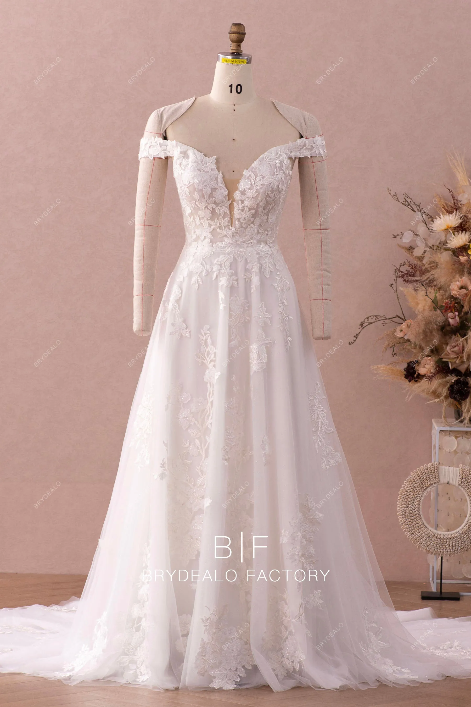 Shimmery Off Shoulder Deep V-neck Spring Fall Lace Bridal Gown