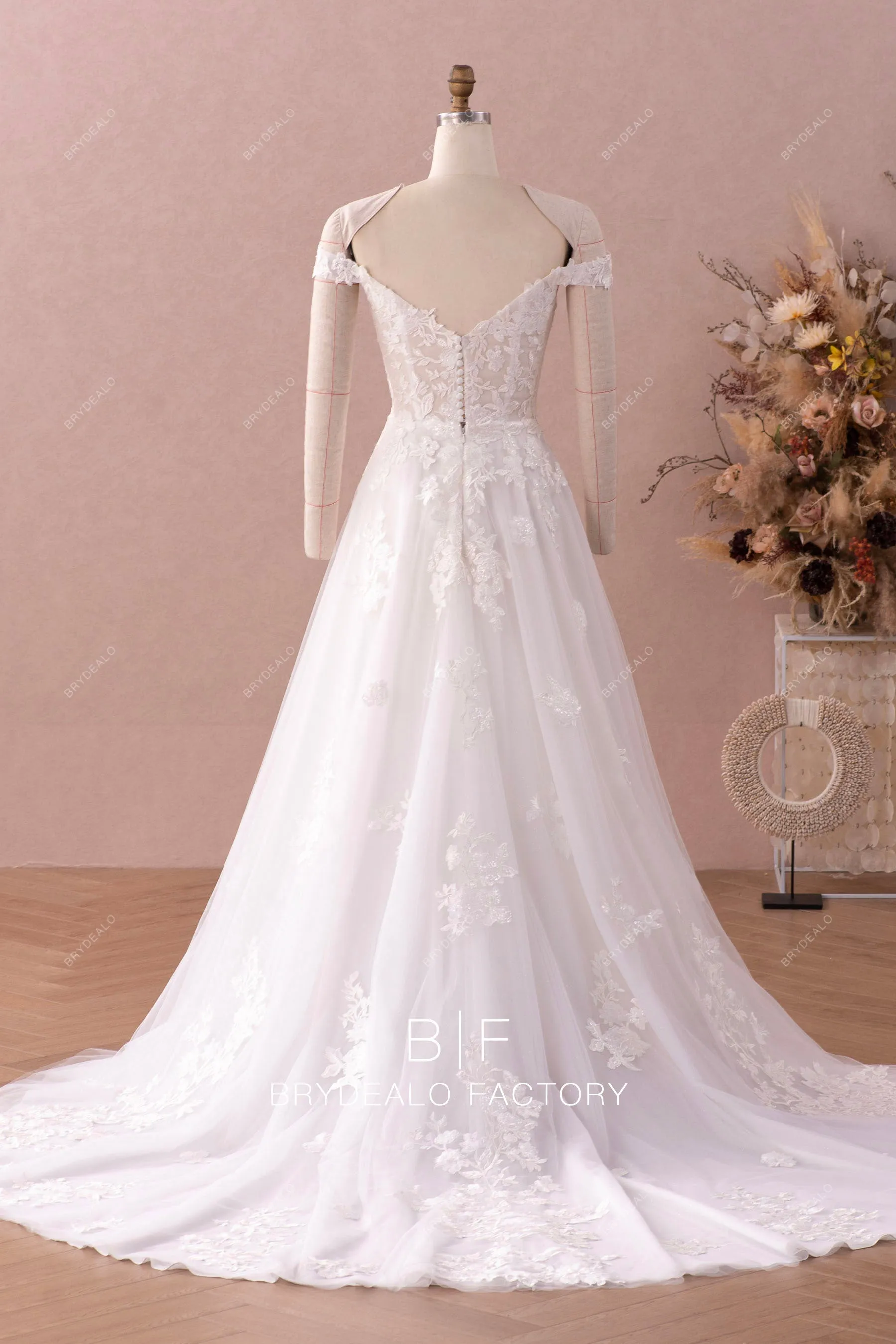 Shimmery Off Shoulder Deep V-neck Spring Fall Lace Bridal Gown