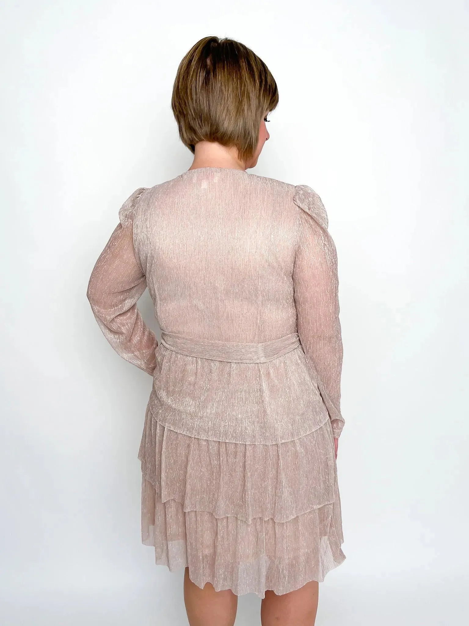 Shimmery Rose Long Sleeve Tiered Dress