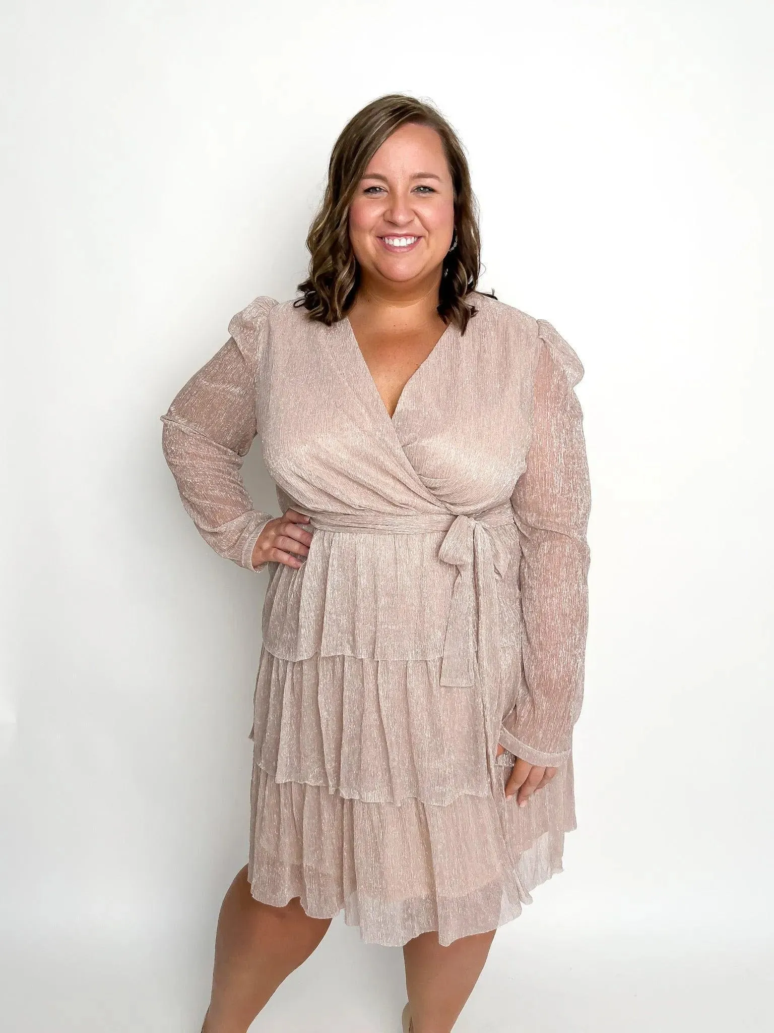 Shimmery Rose Long Sleeve Tiered Dress