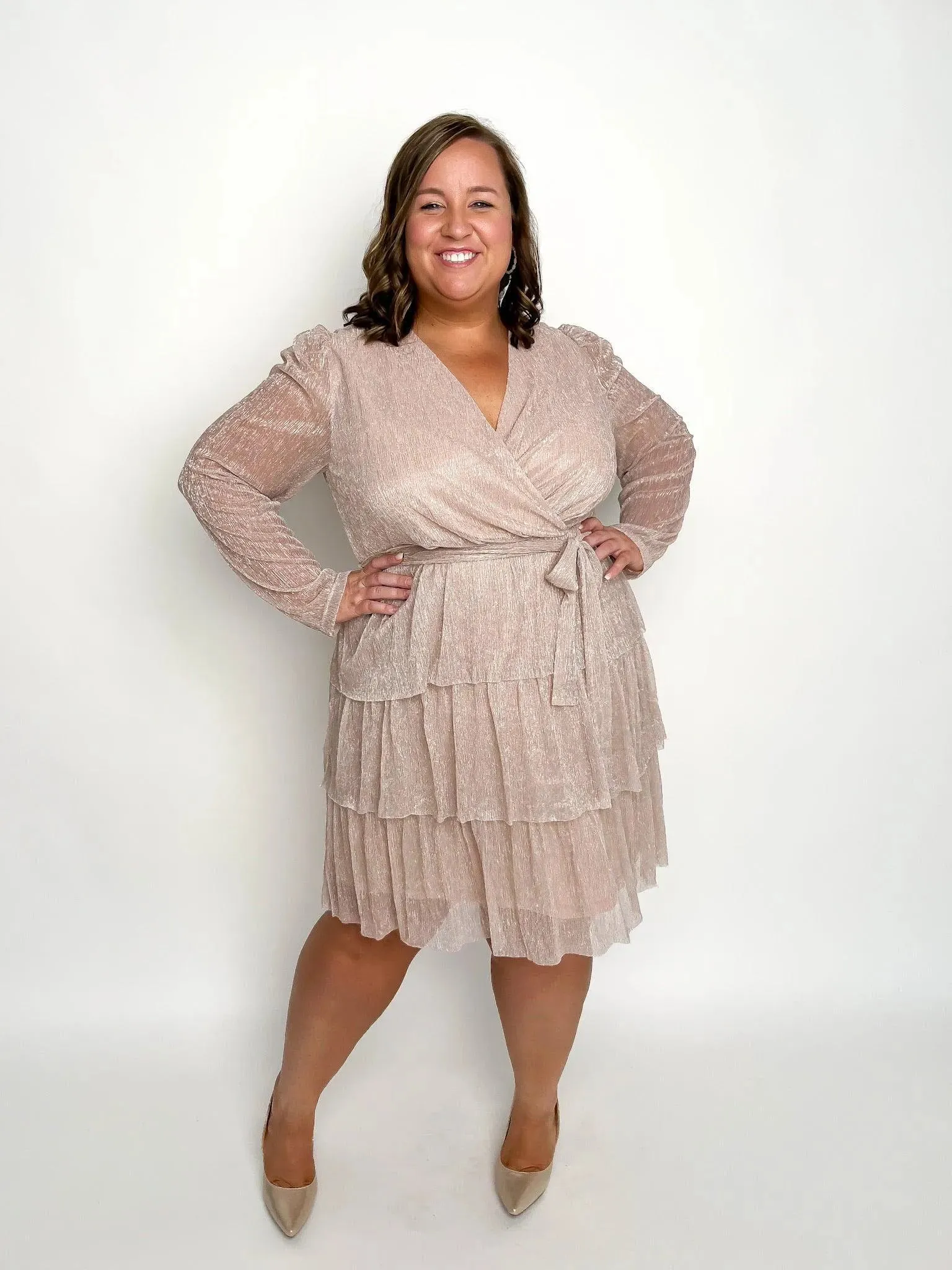 Shimmery Rose Long Sleeve Tiered Dress