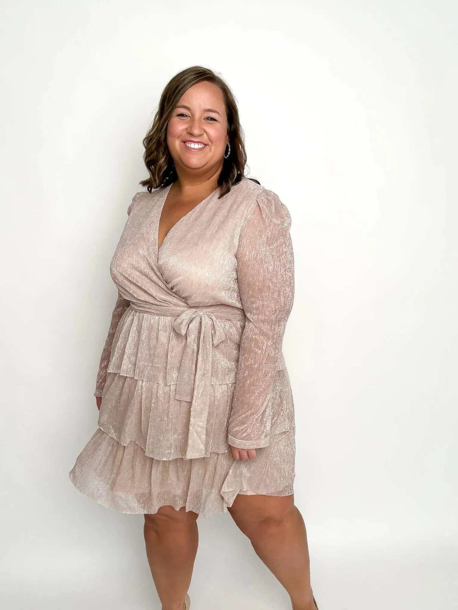 Shimmery Rose Long Sleeve Tiered Dress