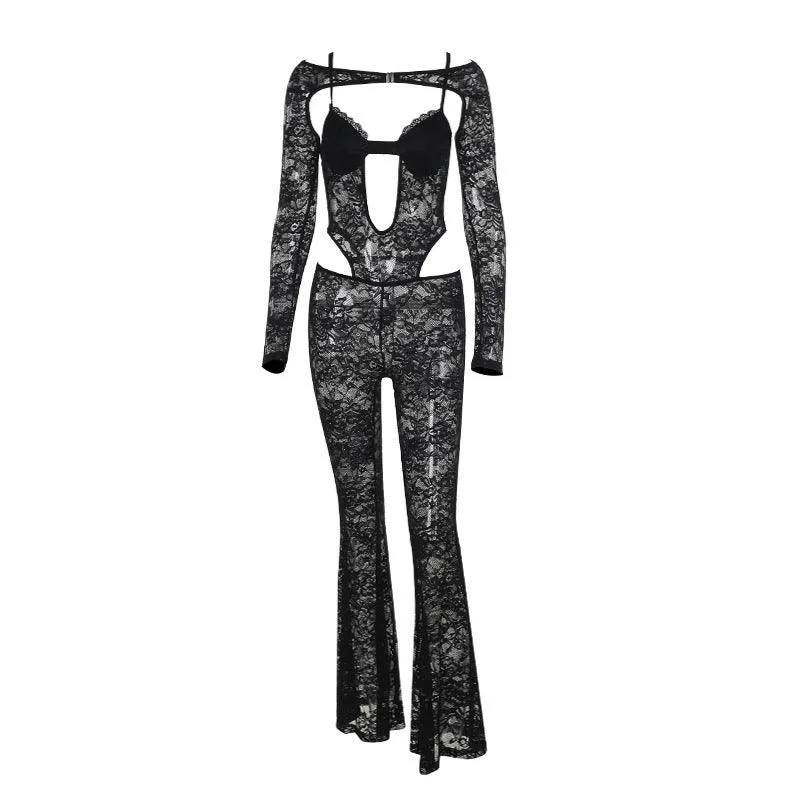 Slim-Fit Lace Long-Sleeved Jumpsuit Bold and Elegant in Black