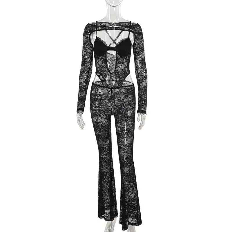 Slim-Fit Lace Long-Sleeved Jumpsuit Bold and Elegant in Black