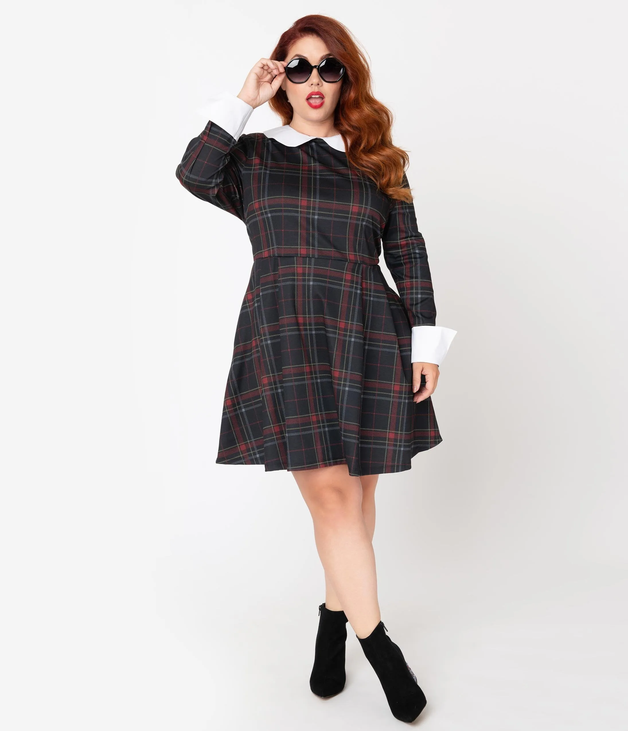 Smak Parlour Plus Size Black & Red Plaid White Collar New A-List Fit & Flare Dress