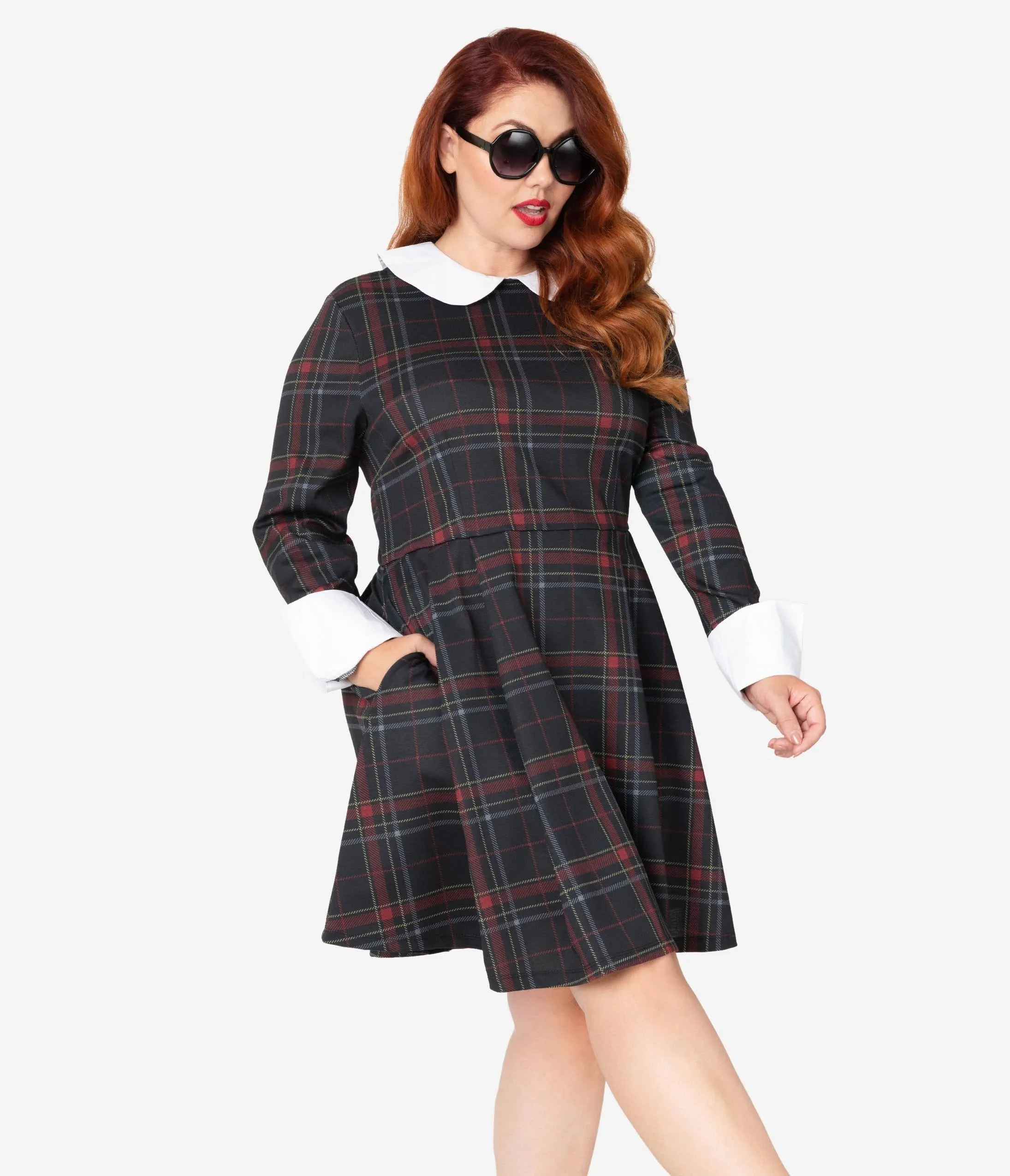 Smak Parlour Plus Size Black & Red Plaid White Collar New A-List Fit & Flare Dress