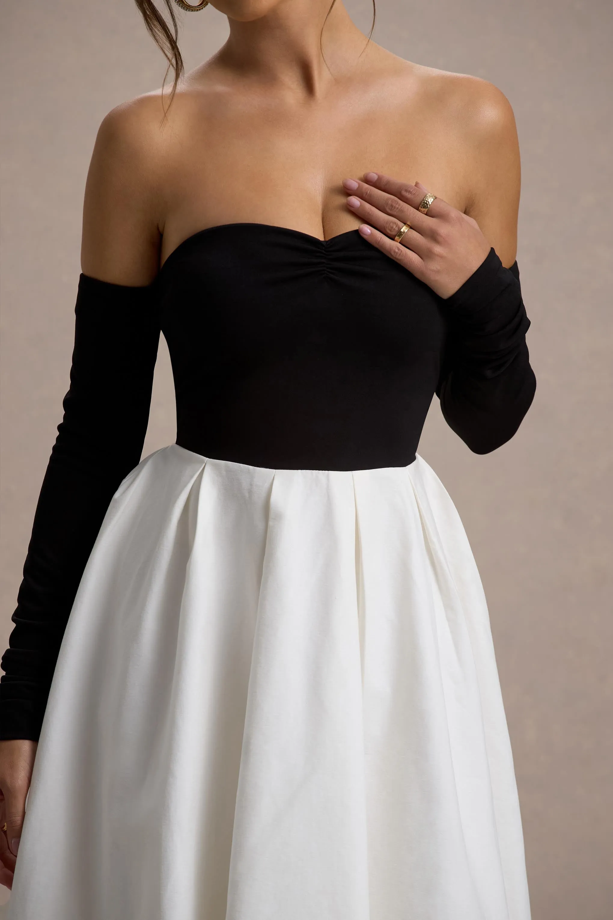 Solada | Black & Cream Bardot Pleated Midi Dress