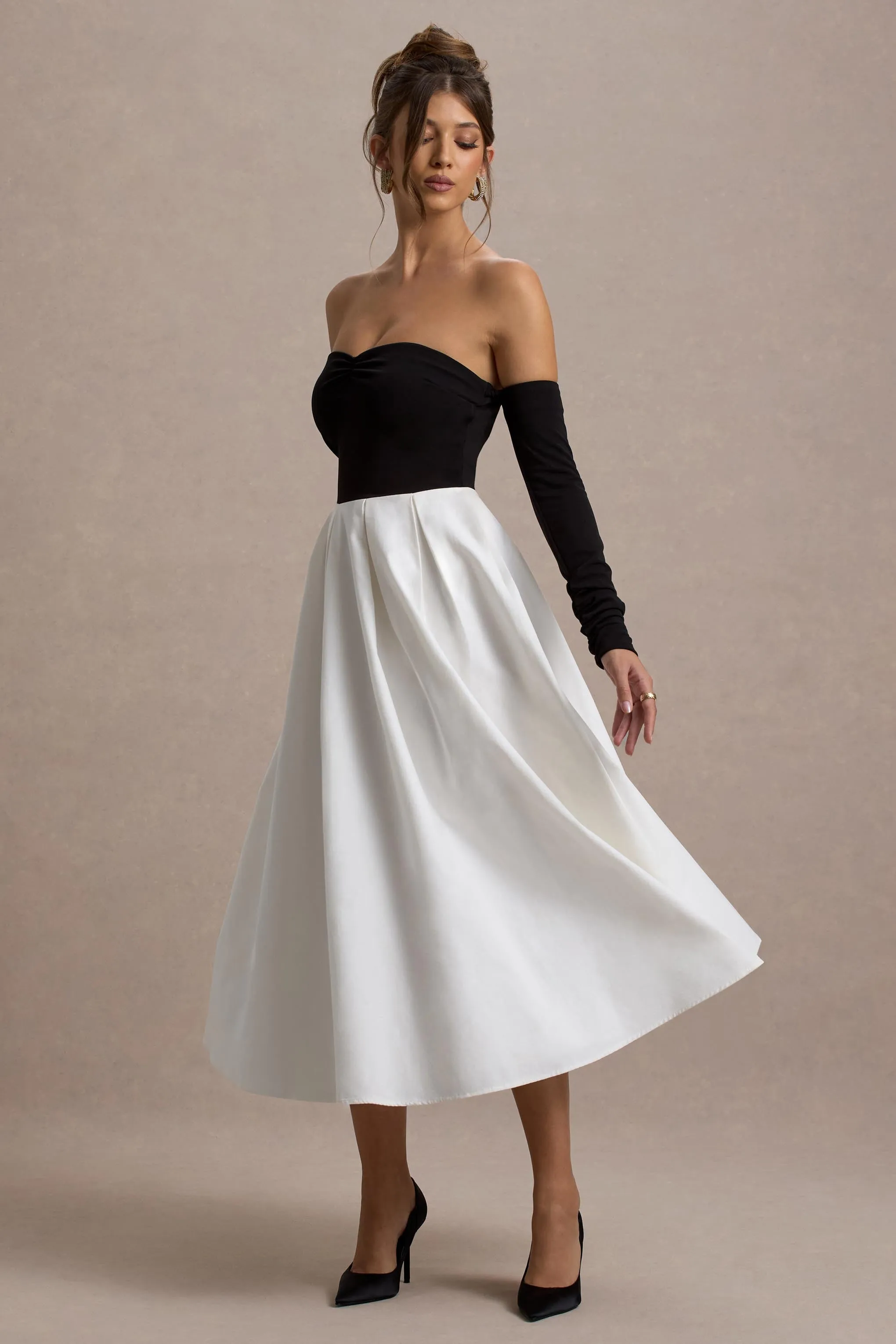 Solada | Black & Cream Bardot Pleated Midi Dress