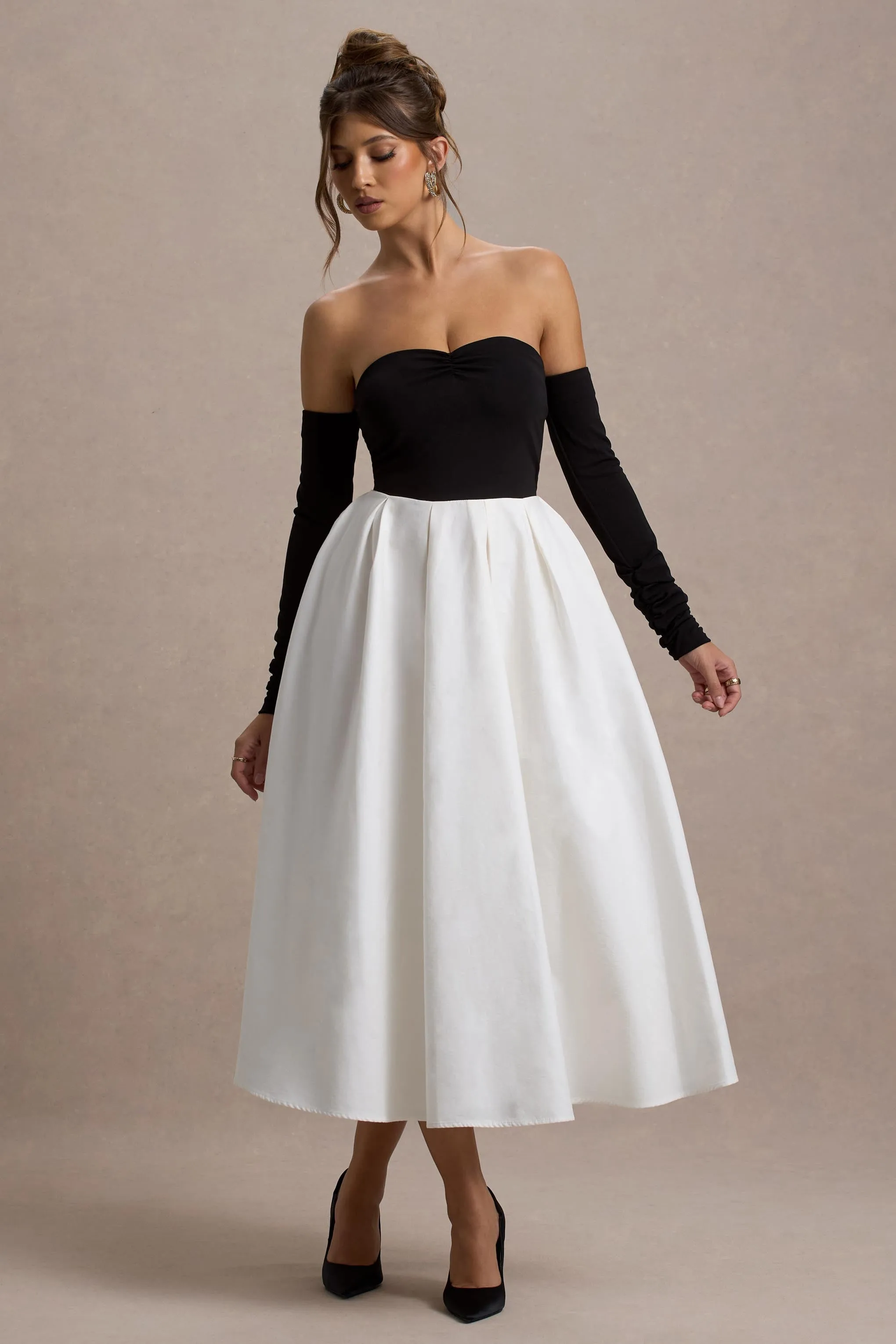 Solada | Black & Cream Bardot Pleated Midi Dress