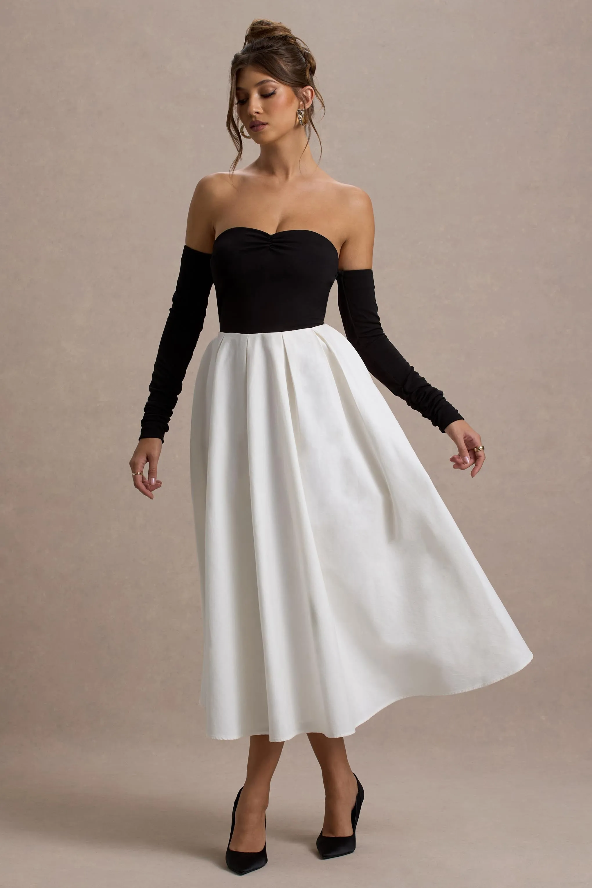 Solada | Black & Cream Bardot Pleated Midi Dress