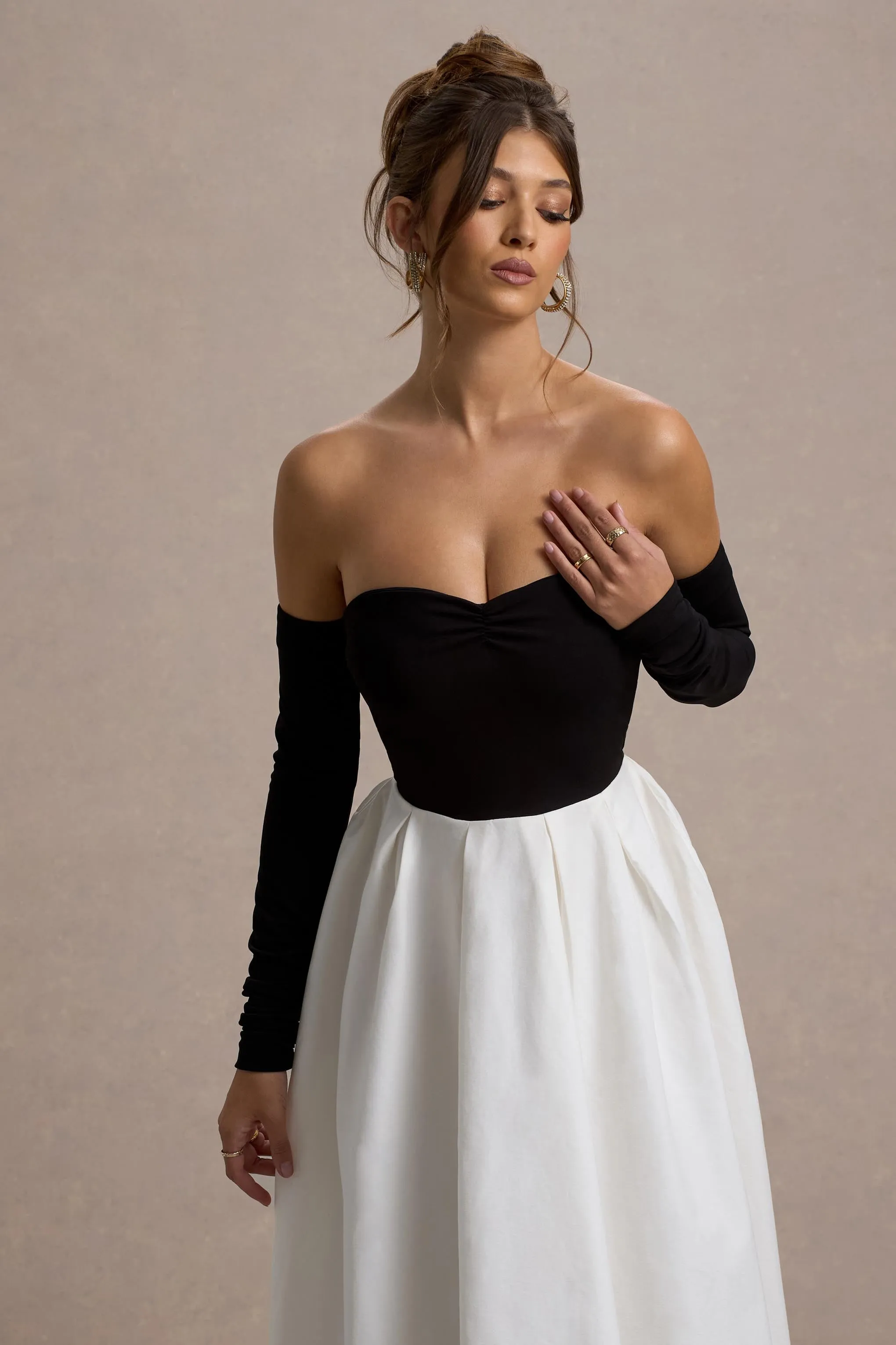 Solada | Black & Cream Bardot Pleated Midi Dress