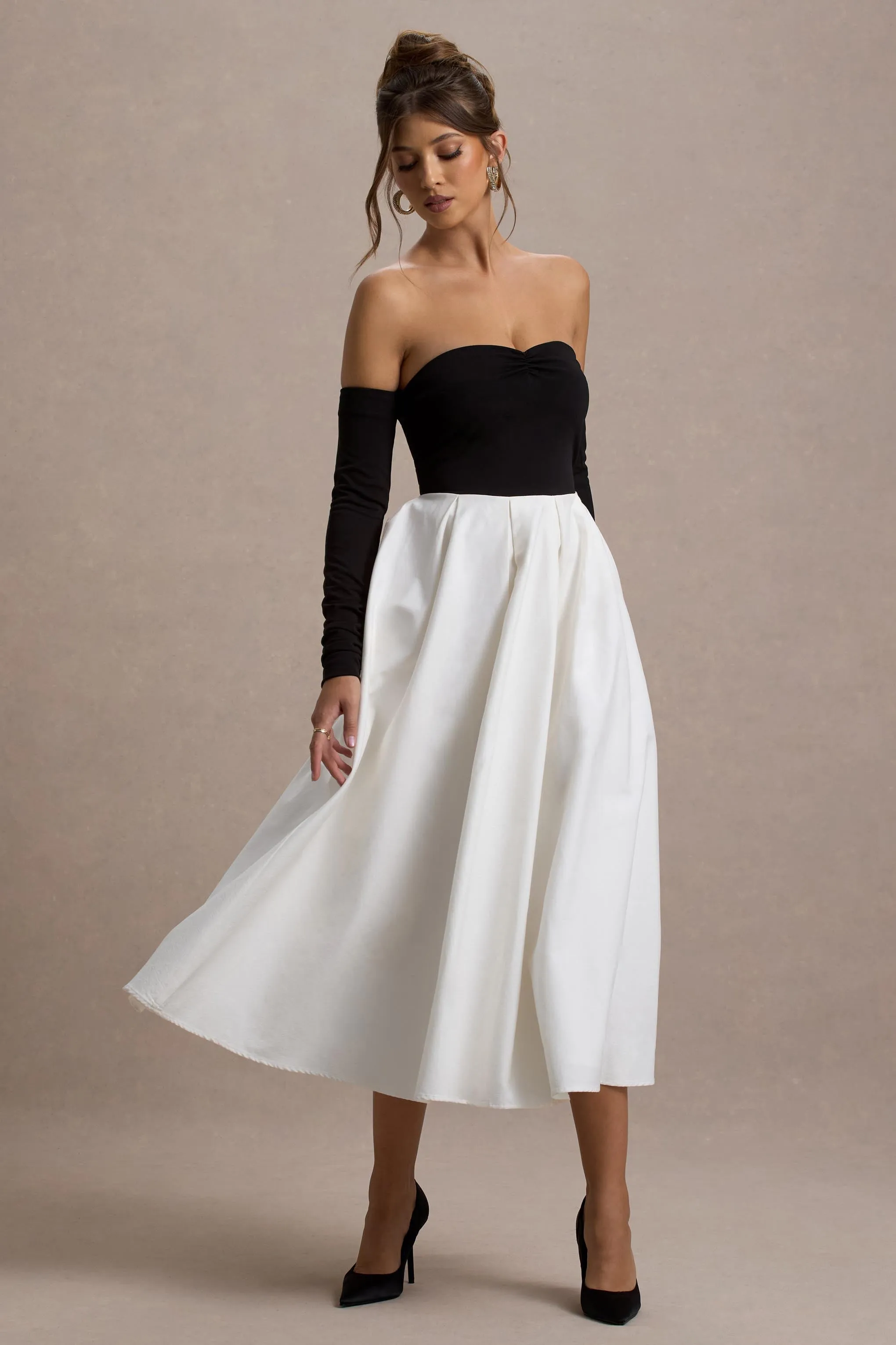 Solada | Black & Cream Bardot Pleated Midi Dress