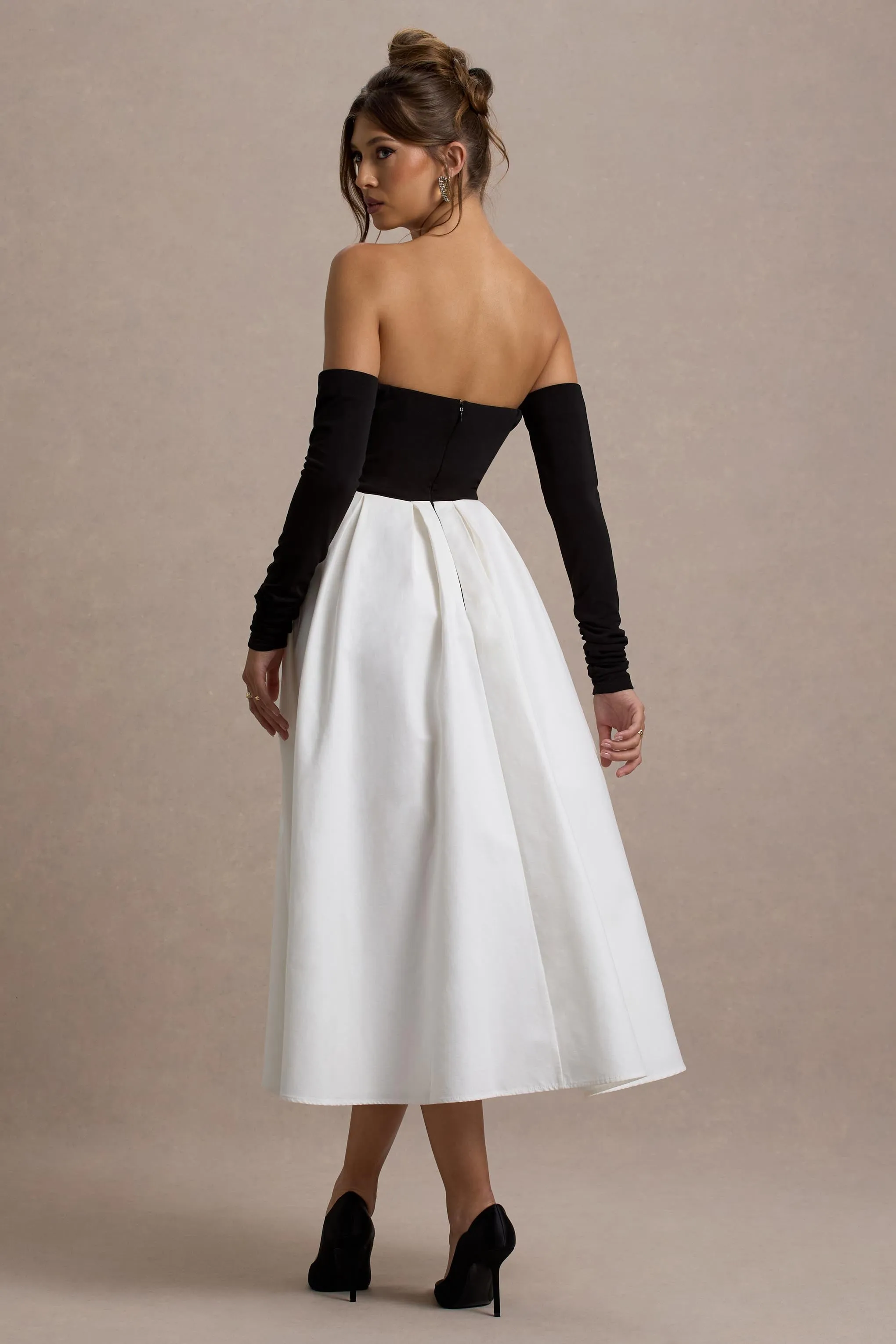 Solada | Black & Cream Bardot Pleated Midi Dress