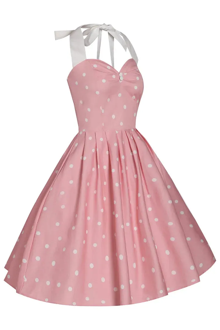 Sophia Light Pink Polka Dot Halterneck Dress