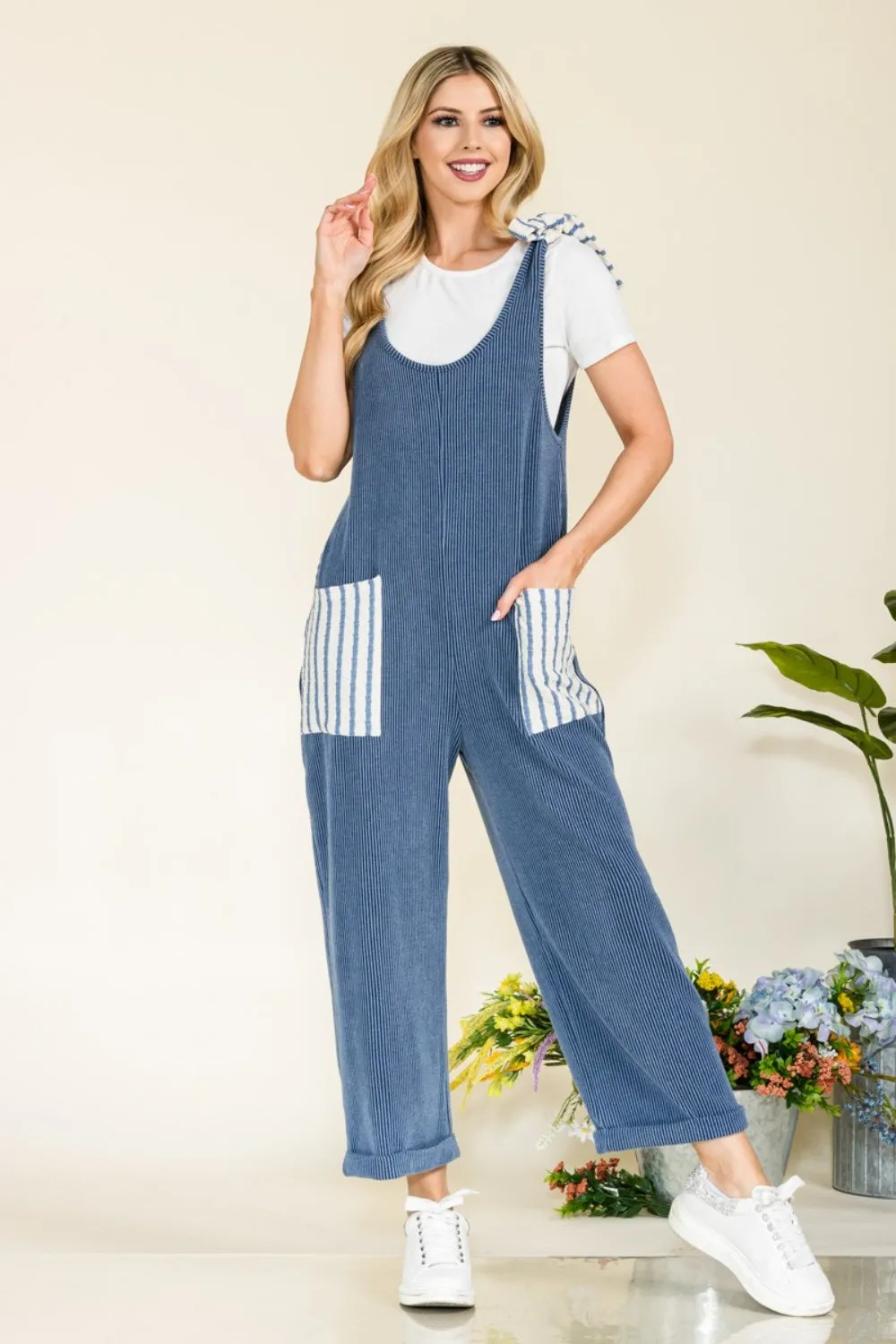 Stripe Contrast Pocket Rib Jumpsuit