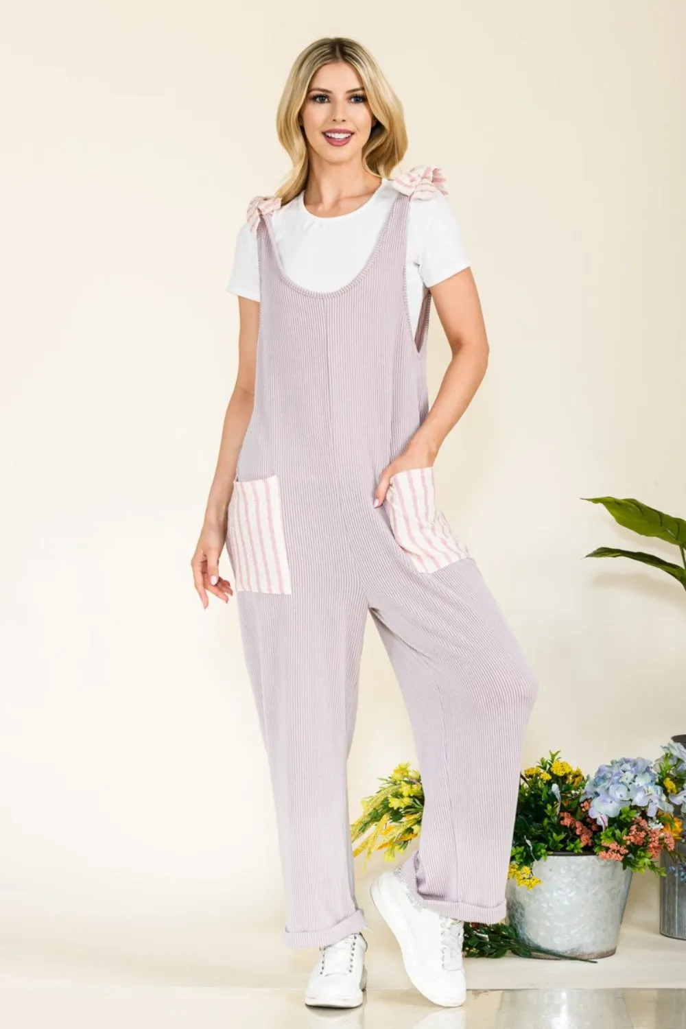 Stripe Contrast Pocket Rib Jumpsuit