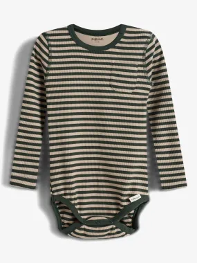 Striped Basic Rib Bodysuit - Little - Dark Green/Beige