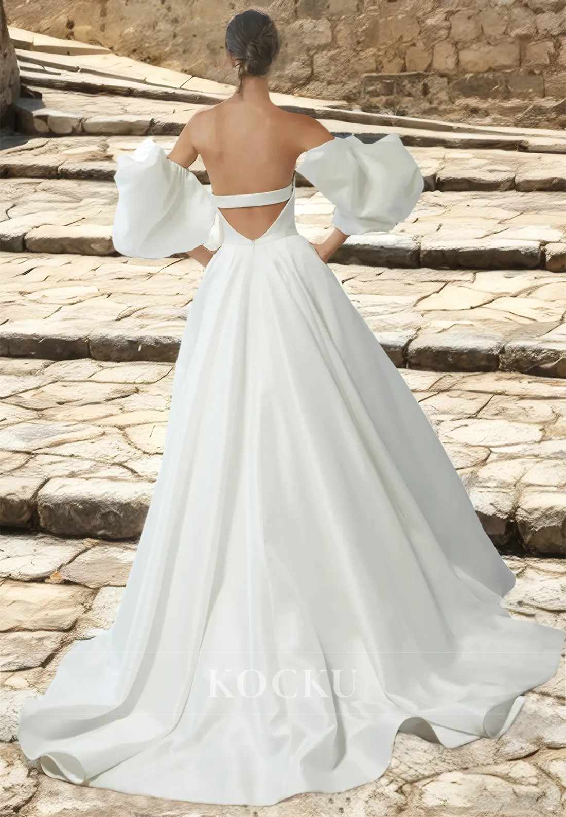 Sweetheart Puff Sleeves A-Line Backless Pleats Satin Wedding Dress with Sweep Train Bridal Dress