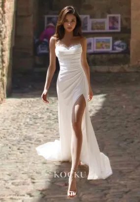 Sweetheart Sheath Bridal Gowns Sleeveless Sweep Train Pleated Satin Wedding Dress with Beads