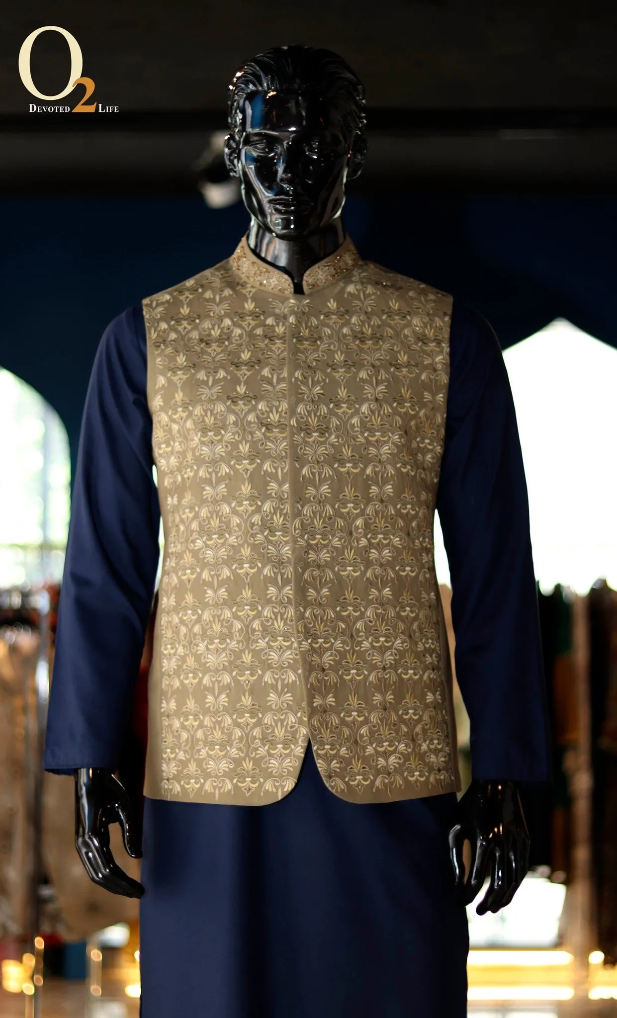 Taupe Oilve Green Dori Embroidered Silk Waistcoat