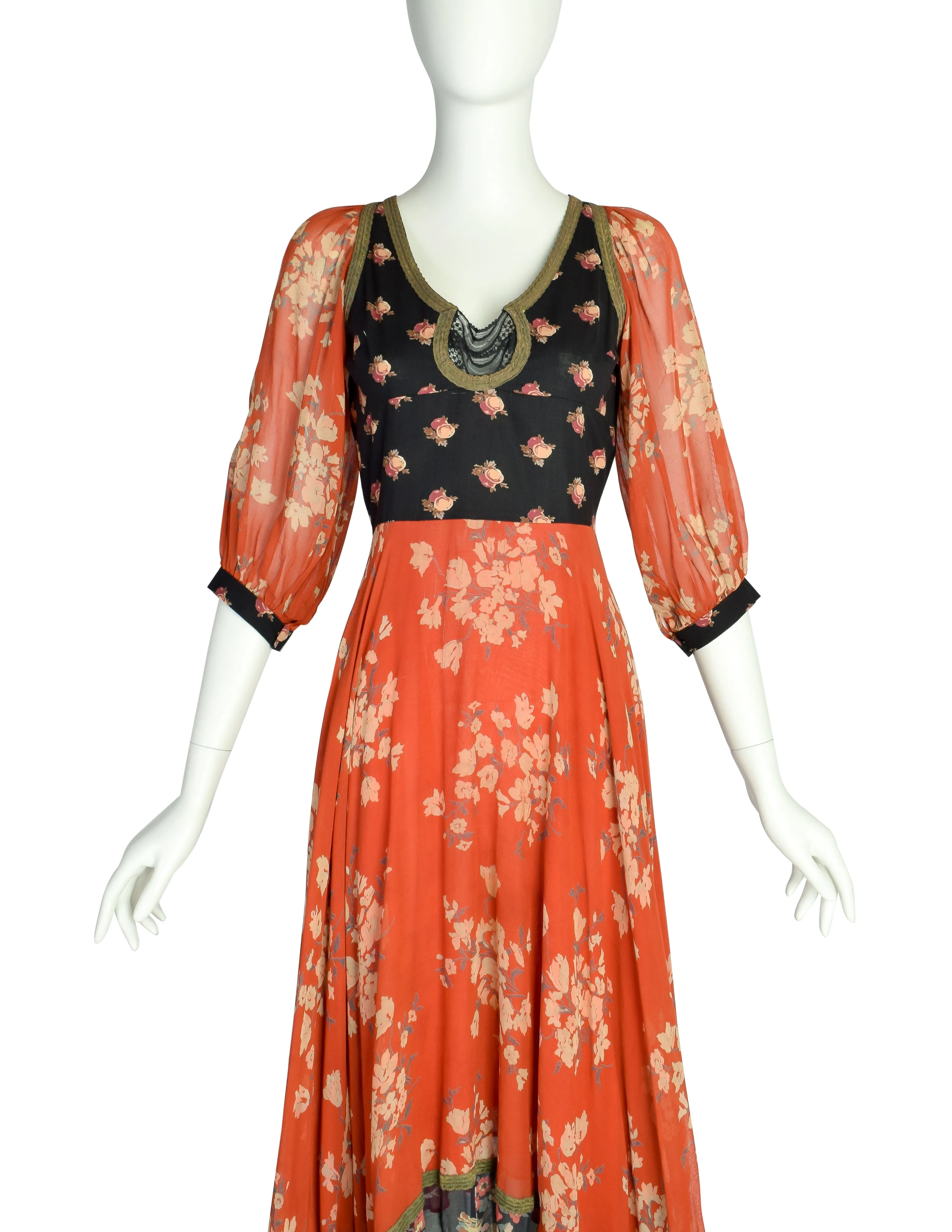 Thea Porter Vintage 1971 Iconic Bohemian Mixed Floral Red Black Full Skirt Dress