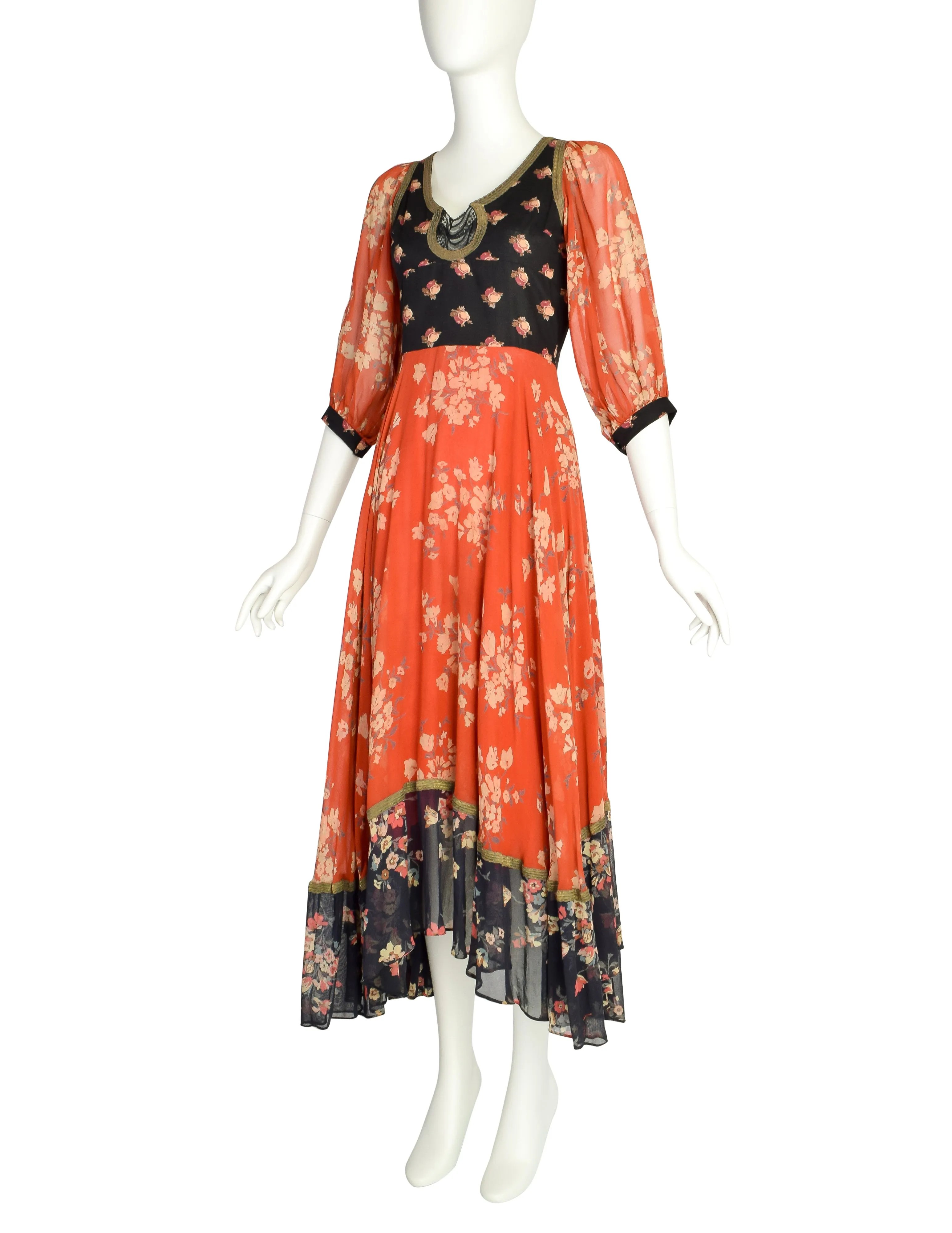 Thea Porter Vintage 1971 Iconic Bohemian Mixed Floral Red Black Full Skirt Dress