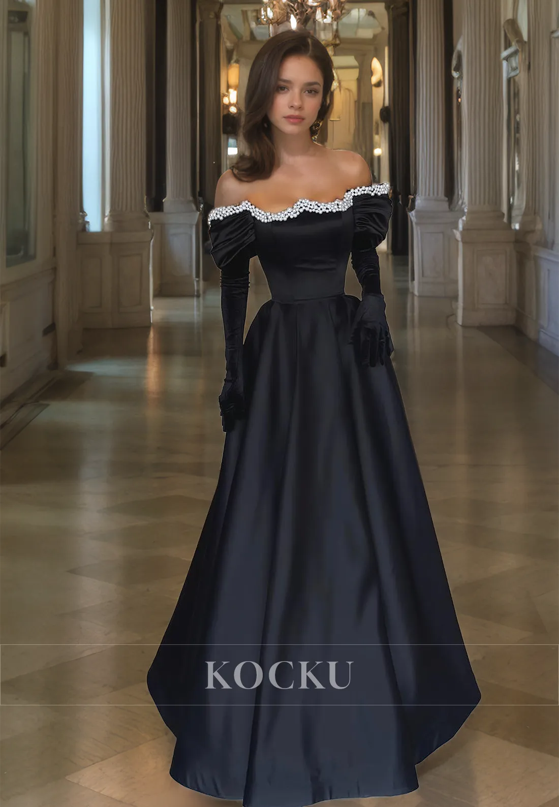 Tube Top A-Line Long Sleeves Prom Dress Floor-Length Pleated Satin Evening Gowns with Beaded